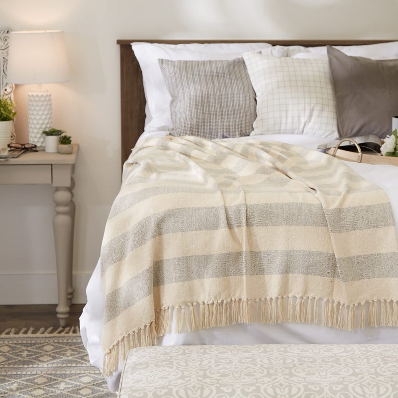 DII Rustic Farmhouse Cotton Cabana Striped Blanket Throw with Fringe, 50 x 60 - Cabana Striped Gray & Off-White - Image 5